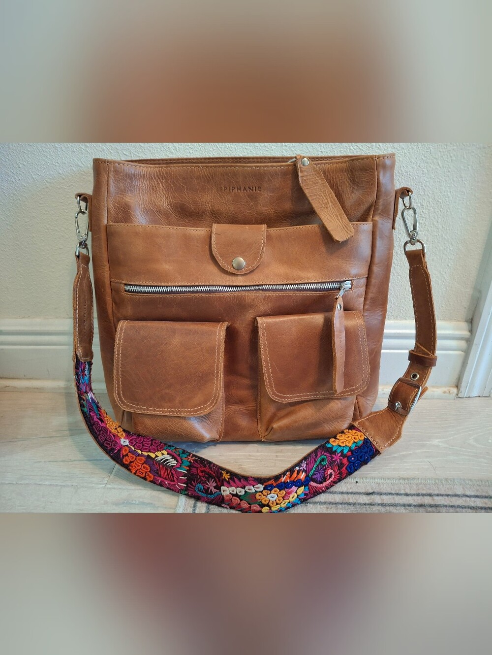 Epiphanie Libson Leather Crossbody Camera Bag with Embroidered Strap